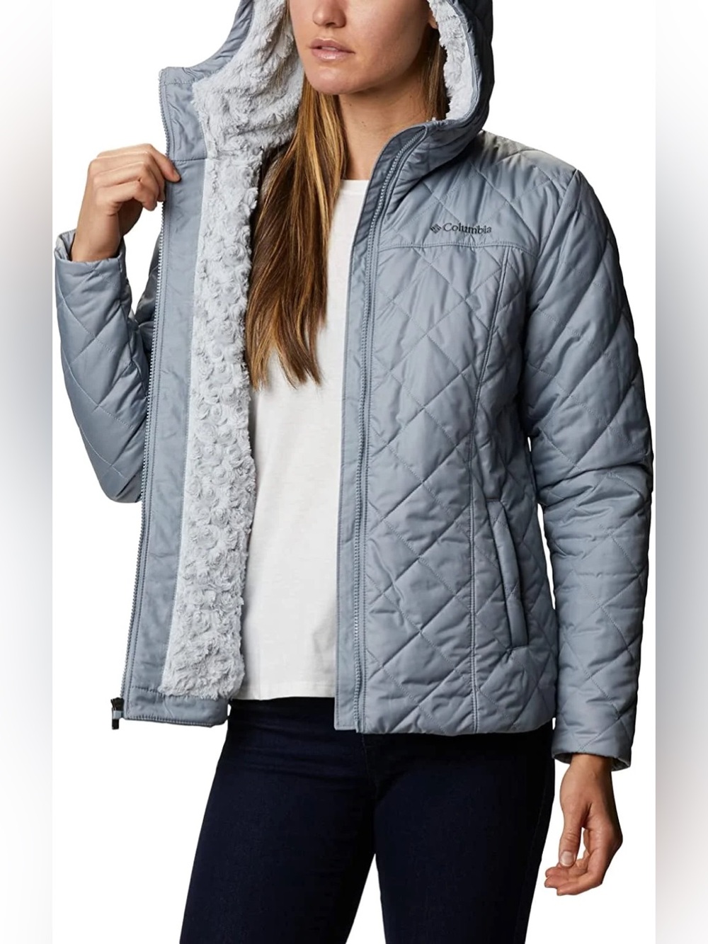 Columbia Copper Crest Hooded Quilted Fleece Lined Winter Travel Jacket Gray S